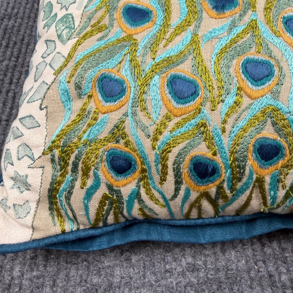 World Market Throw Pillow 18x18 Cotton Embroidered Peacock Dimensional Decor - Picture 3 of 12